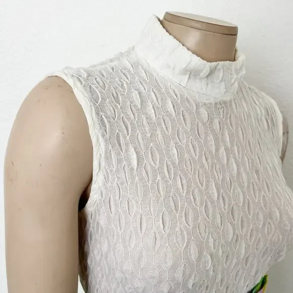 [Vintage] 60s 70s Cream Mock Neck Groovy Floral Print Bow Maxi Dress Sz Medium M - Picture 10 of 12